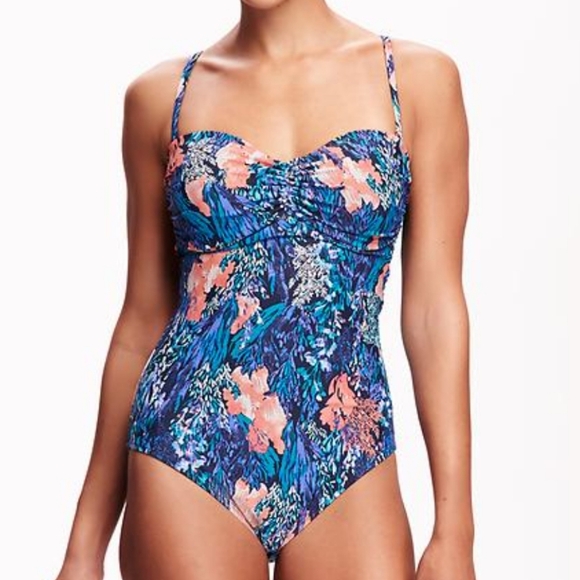 Old Navy Cinch Front Coral Printed One Piece Blue & Pink - Picture 1 of 6